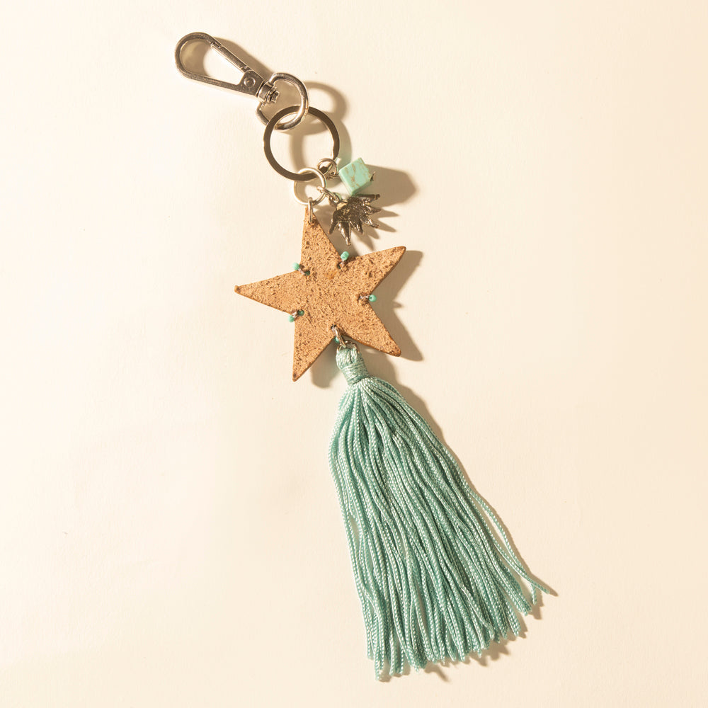 Myra Western Sky Beaded Fringe Handtooled Leather Key Fob in Ocean Blue Myra USA