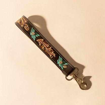 Myra Wildhue Western Key Fob in black with turquoise floral handtooled detail Myra USA