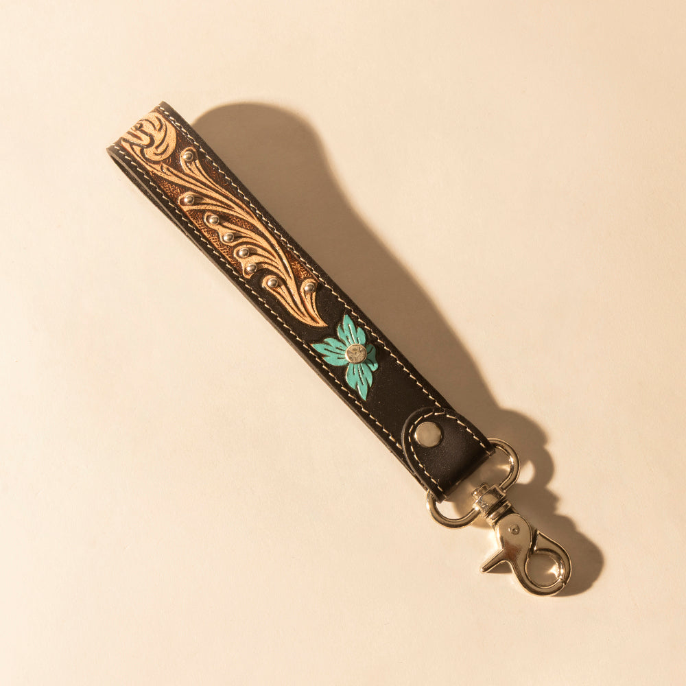Myra Wildhue Western Key Fob in black with turquoise floral handtooled detail Myra USA