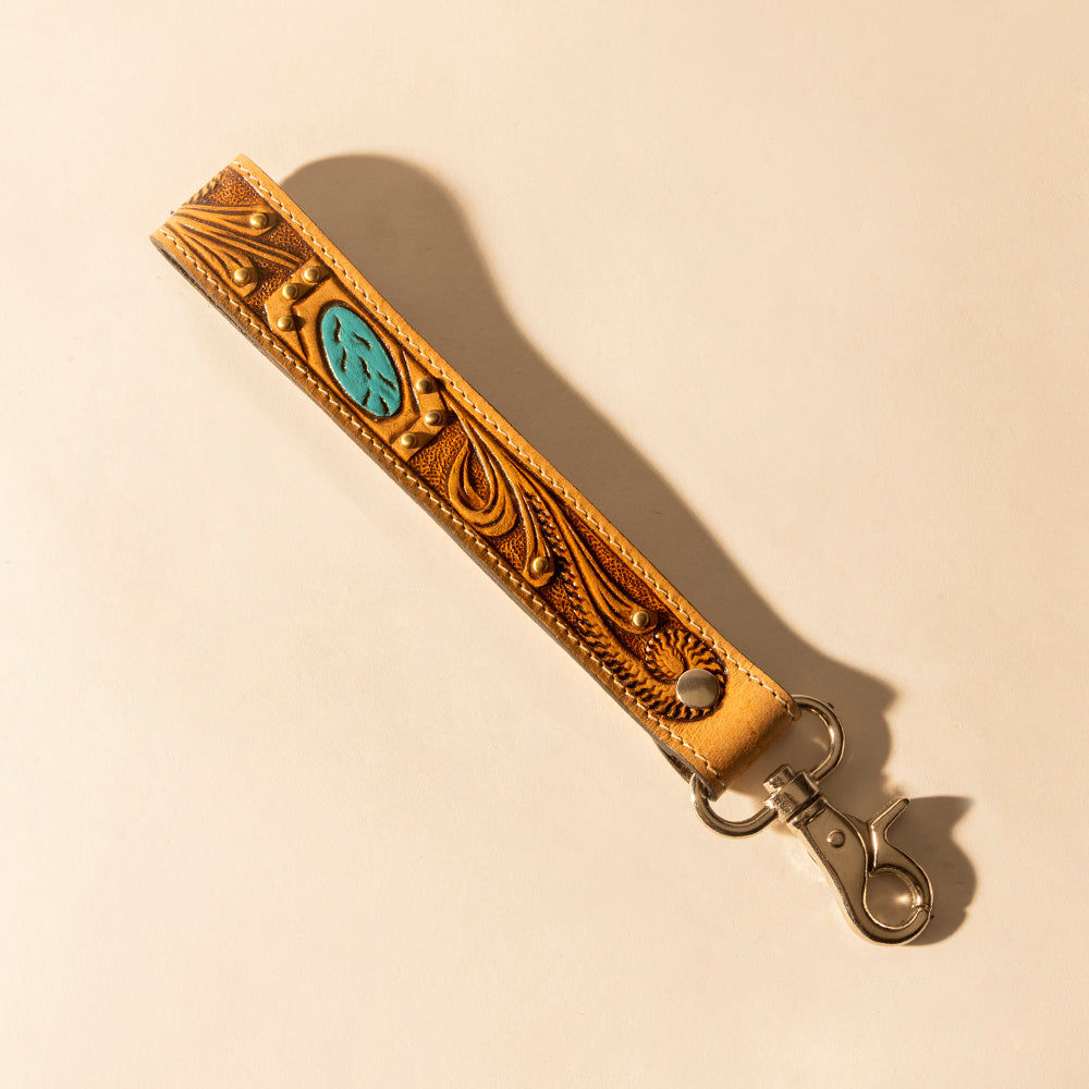 Myra Wildhue Western Key Fob in light brown with turquoise stone handtooled detail Myra USA