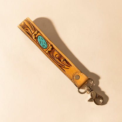 Myra Wildhue Western Key Fob in light brown with turquoise stone handtooled detail Myra USA