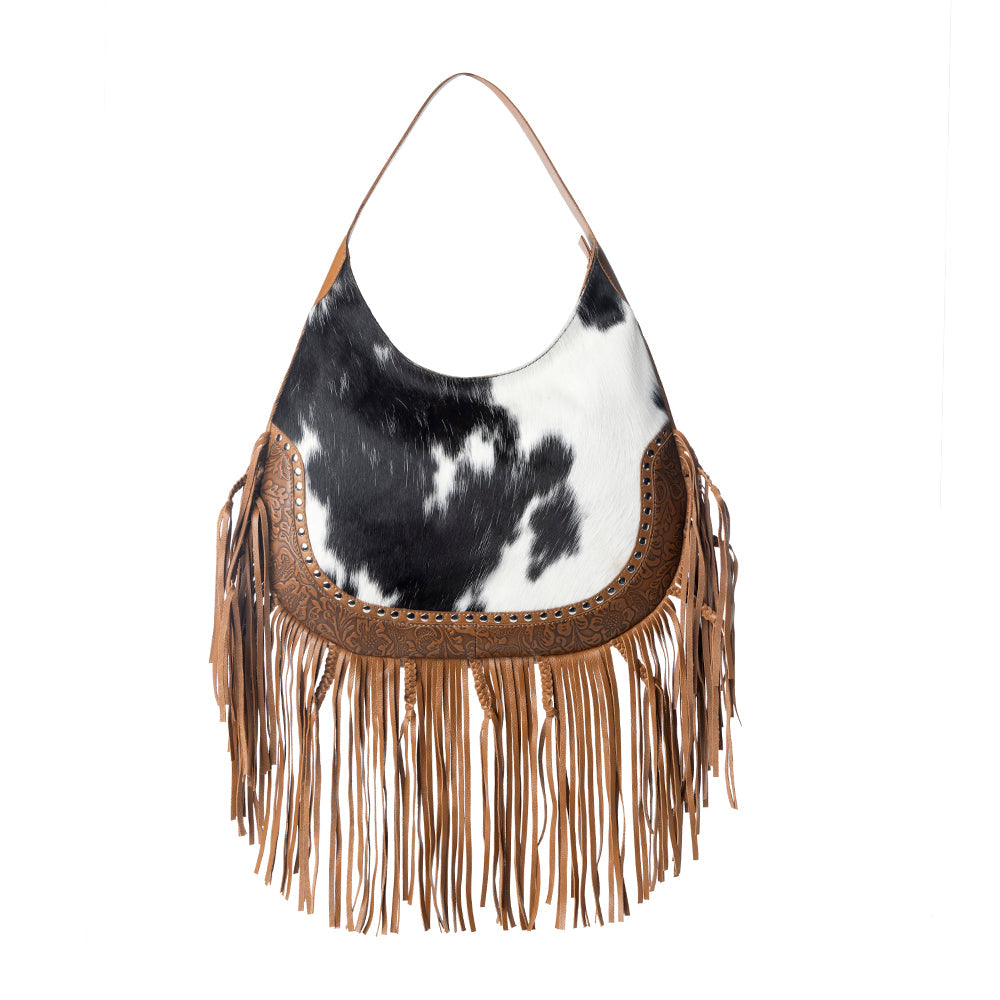 Myra Lasso Lane Hairon Leather Bag for Women in brown with fringe and embossed detail Myra USA