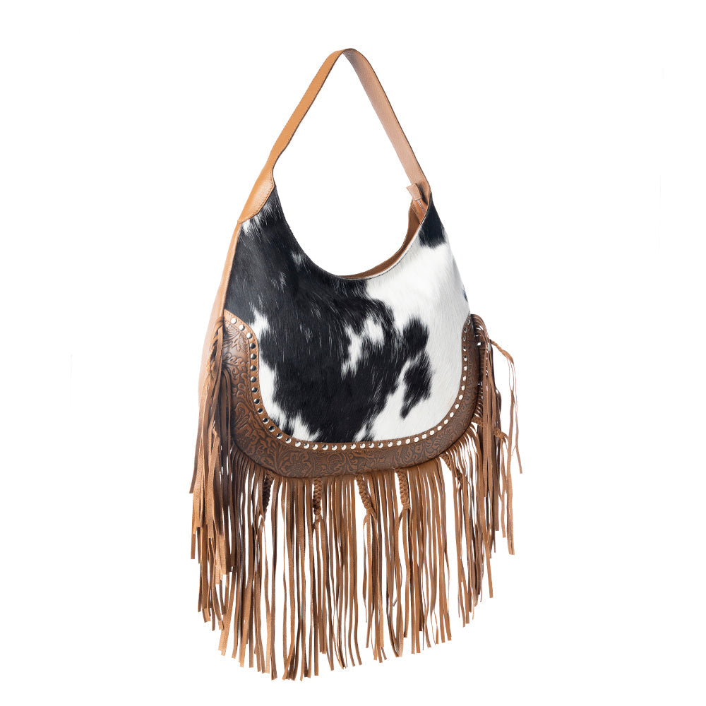 Myra Lasso Lane Hairon Leather Bag for Women in brown with fringe and embossed detail Myra USA