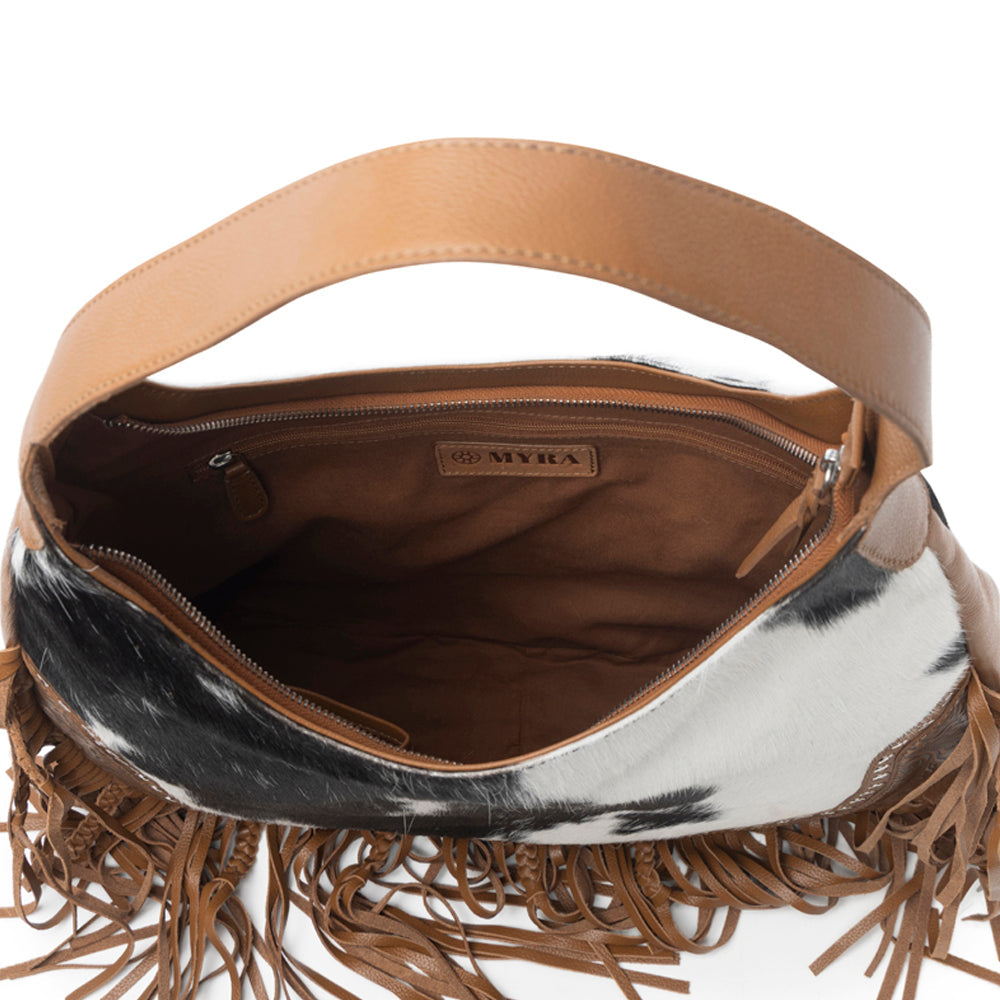 Myra Lasso Lane Hairon Leather Bag for Women in brown with fringe and embossed detail Myra USA