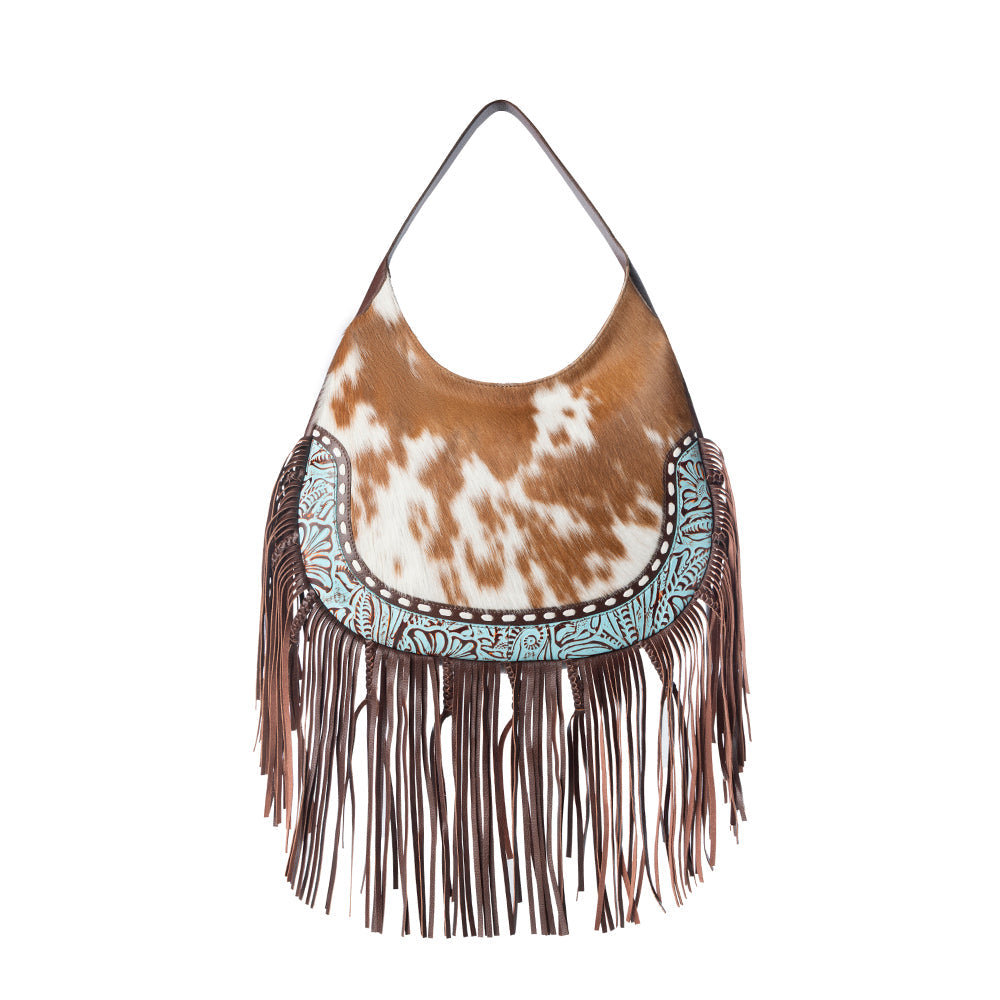 Myra Lasso Lane Hairon Leather Bag for Women in tan with fringe and embossed detail Myra USA