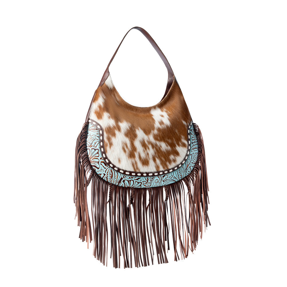 Myra Lasso Lane Hairon Leather Bag for Women in tan with fringe and embossed detail Myra USA