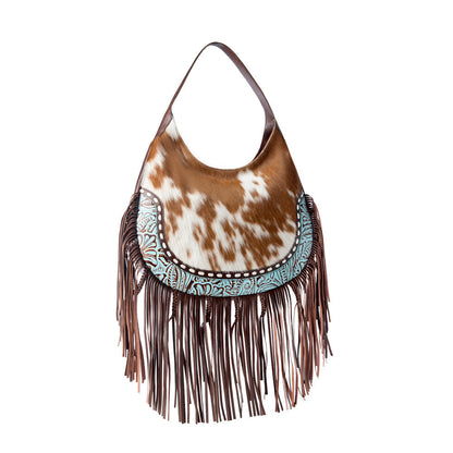 Myra Lasso Lane Hairon Leather Bag for Women in tan with fringe and embossed detail Myra USA