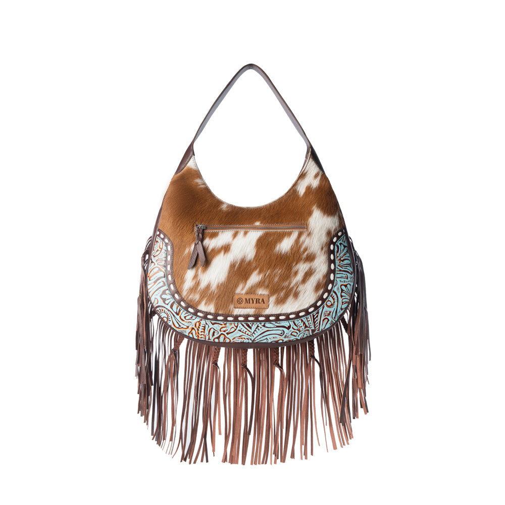 Myra Lasso Lane Hairon Leather Bag for Women in tan with fringe and embossed detail Myra USA