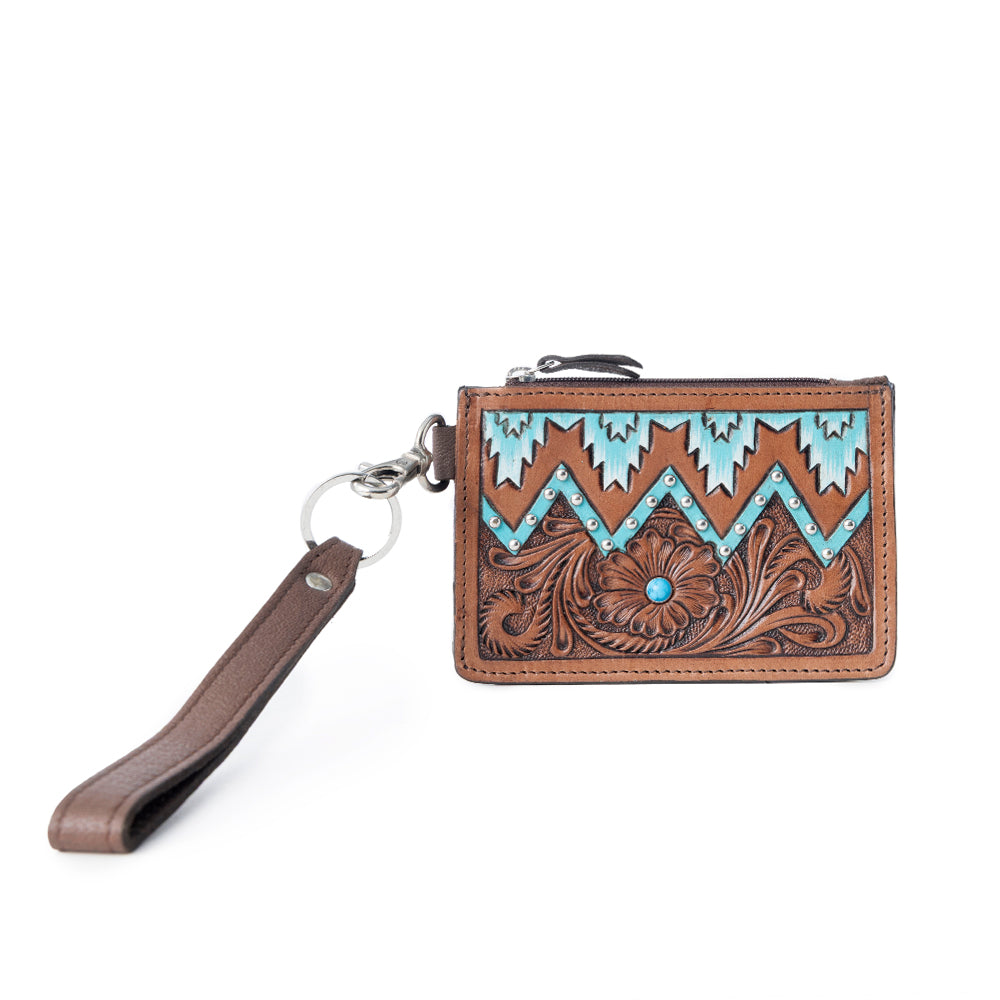 Myra Hand Hewn Western Card Holder for Women in Brown & Turquoise with handtooled detail Myra USA