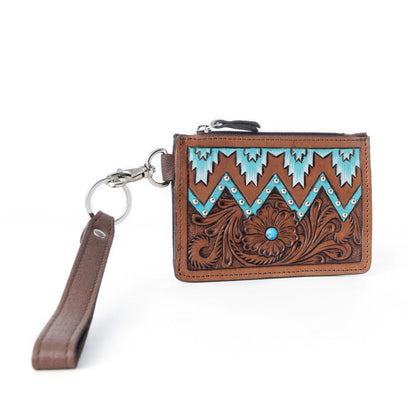 Myra Hand Hewn Western Card Holder for Women in Brown & Turquoise with handtooled detail Myra USA