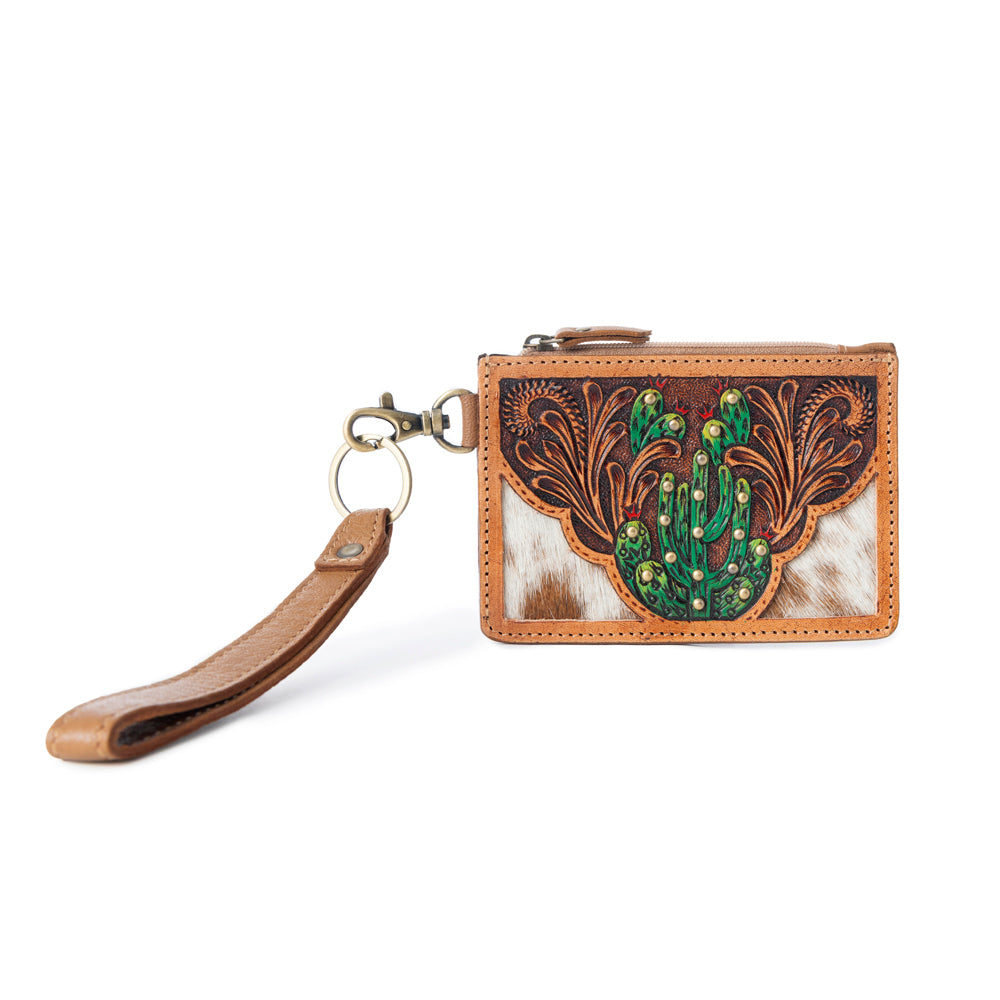 Myra Hand Hewn Western Card Holder for Women in Light Brown with handtooled Cactus detail Myra USA