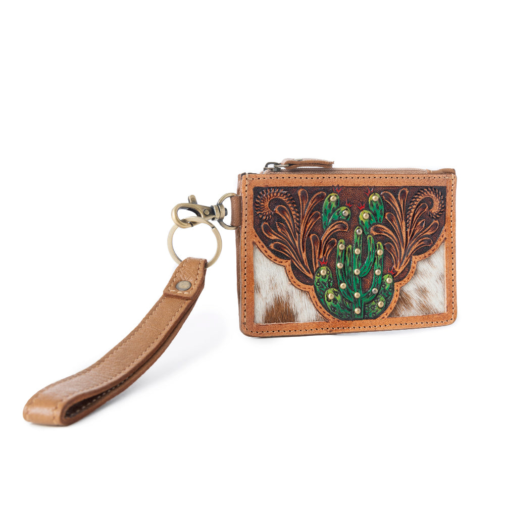 Myra Hand Hewn Western Card Holder for Women in Light Brown with handtooled Cactus detail Myra USA