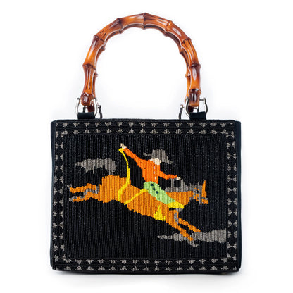Myra Eight Seconds Western hand beaded bag in black with bamboo handle and horse embroidery Myra USA