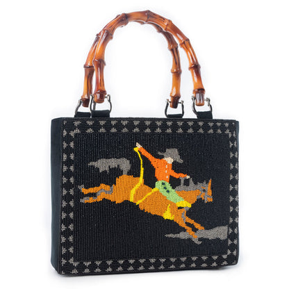 Myra Eight Seconds Western hand beaded bag in black with bamboo handle and horse embroidery Myra USA
