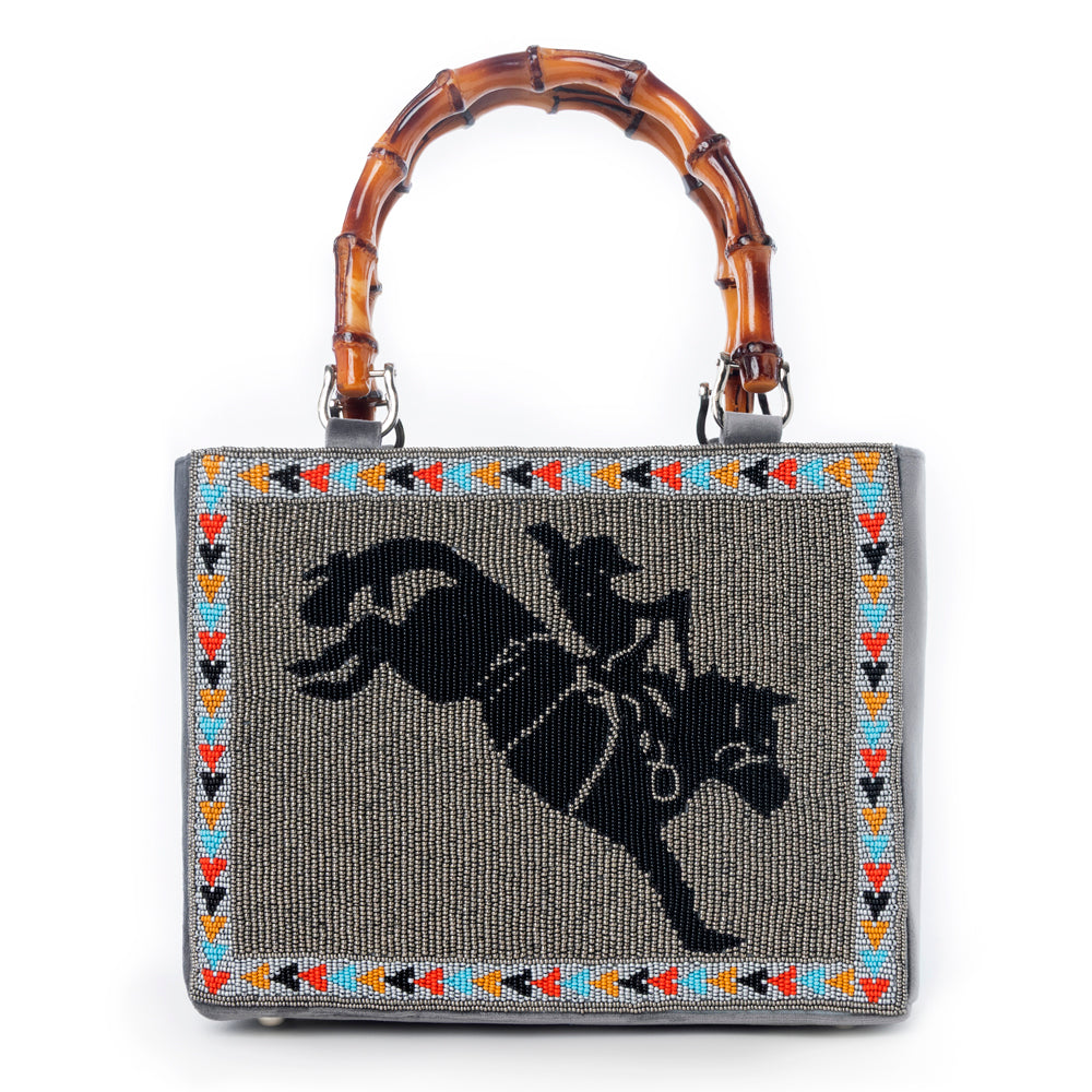 Myra Free Rein Western hand beaded Bag in grey with bamboo handle and horse embroidery Myra USA