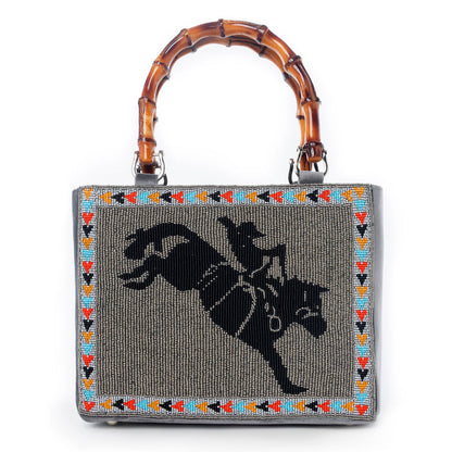 Myra Free Rein Western hand beaded Bag in grey with bamboo handle and horse embroidery Myra USA