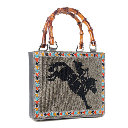 Myra Free Rein Western hand beaded Bag in grey with bamboo handle and horse embroidery Myra USA