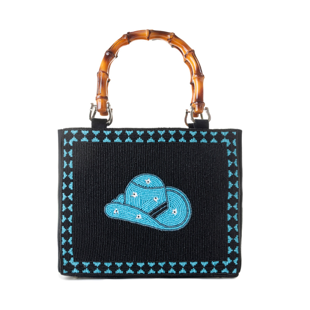 Myra Hat Tipper Western hand beaded Bag in blue with bamboo handle and hat embroidery Myra USA