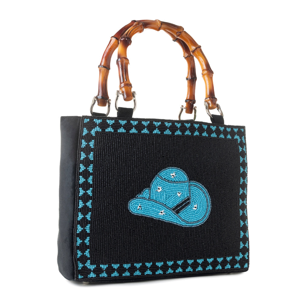 Myra Hat Tipper Western hand beaded Bag in blue with bamboo handle and hat embroidery Myra USA