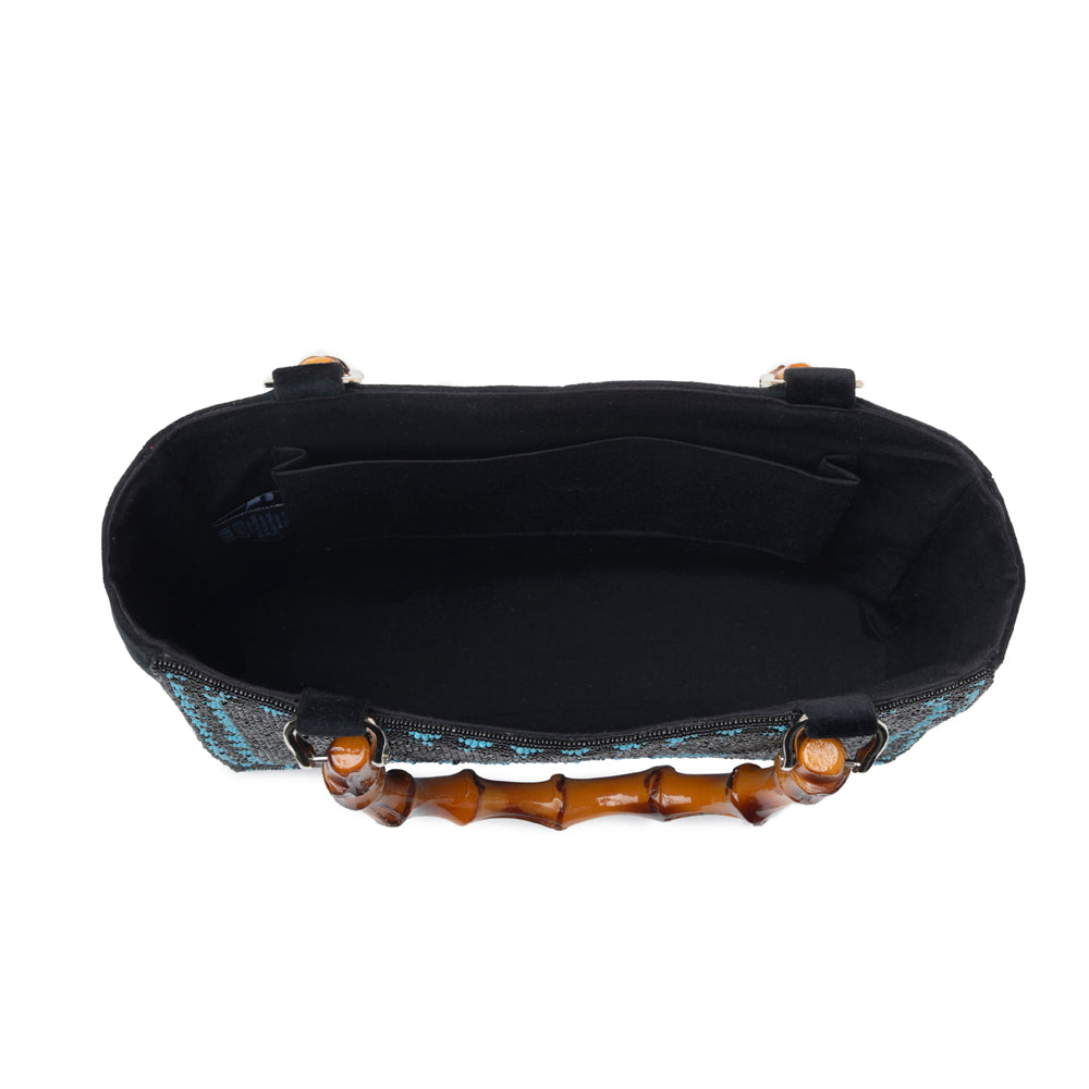 Myra Hat Tipper Western hand beaded Bag in blue with bamboo handle and hat embroidery Myra USA