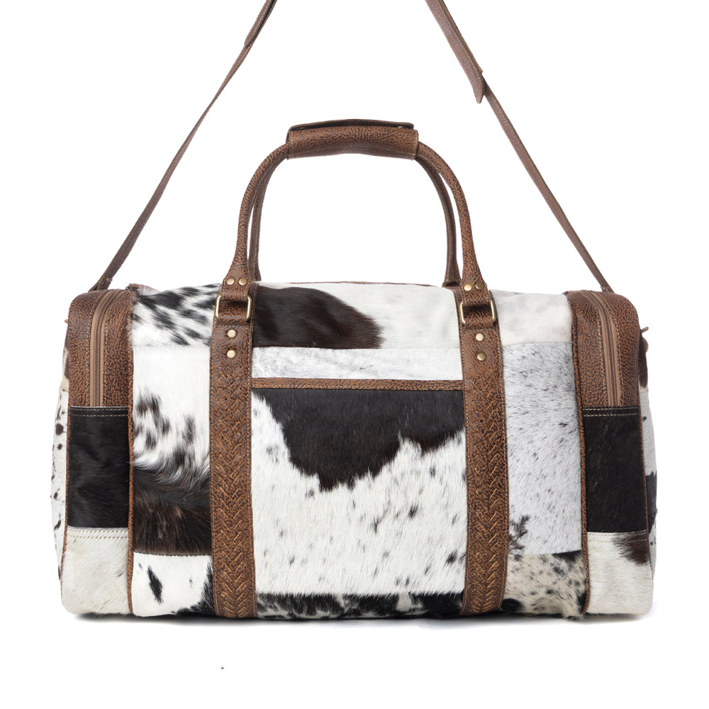 Myra Rustic Vista Handtooled Hairon Ruffle Traveller Bag in Cocoa Frost Myra USA