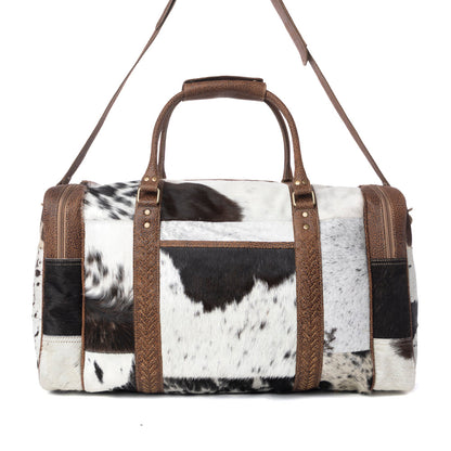 Myra Rustic Vista Handtooled Hairon Ruffle Traveller Bag in Cocoa Frost Myra USA