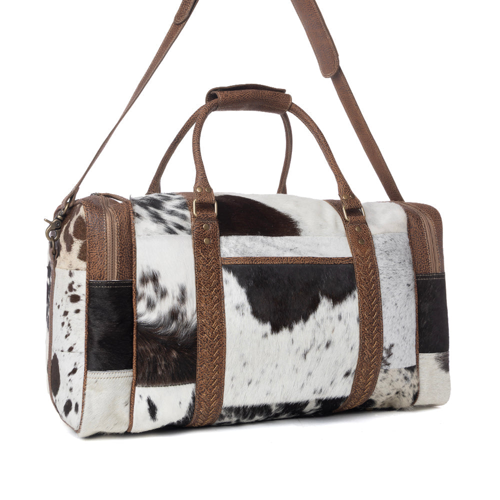 Myra Rustic Vista Handtooled Hairon Ruffle Traveller Bag in Cocoa Frost Myra USA
