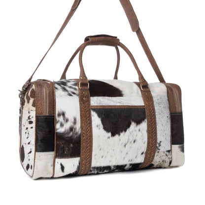 Myra Rustic Vista Handtooled Hairon Ruffle Traveller Bag in Cocoa Frost Myra USA