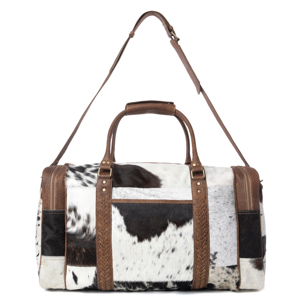 Myra Rustic Vista Handtooled Hairon Ruffle Traveller Bag in Cocoa Frost Myra USA