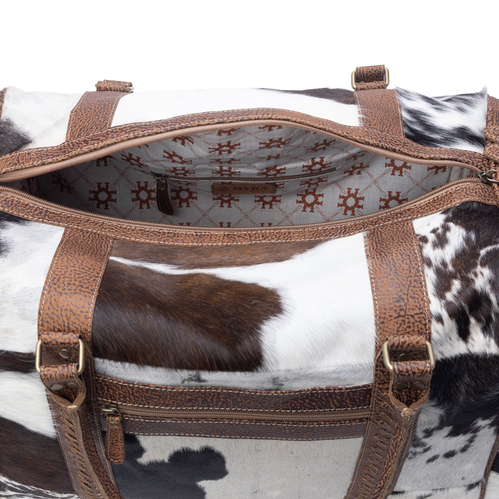 Myra Rustic Vista Handtooled Hairon Ruffle Traveller Bag in Cocoa Frost Myra USA
