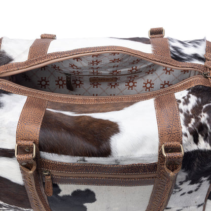 Myra Rustic Vista Handtooled Hairon Ruffle Traveller Bag in Cocoa Frost Myra USA