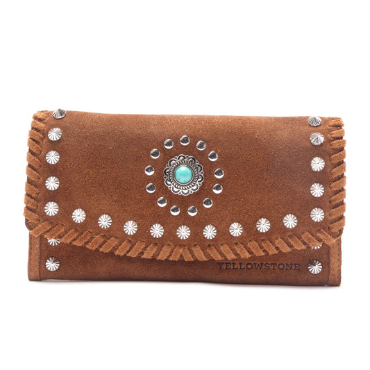 Myra Yellowstone Briar Meadow Studded Suede Leather Women’s Purse in Desert Tan Myra USA