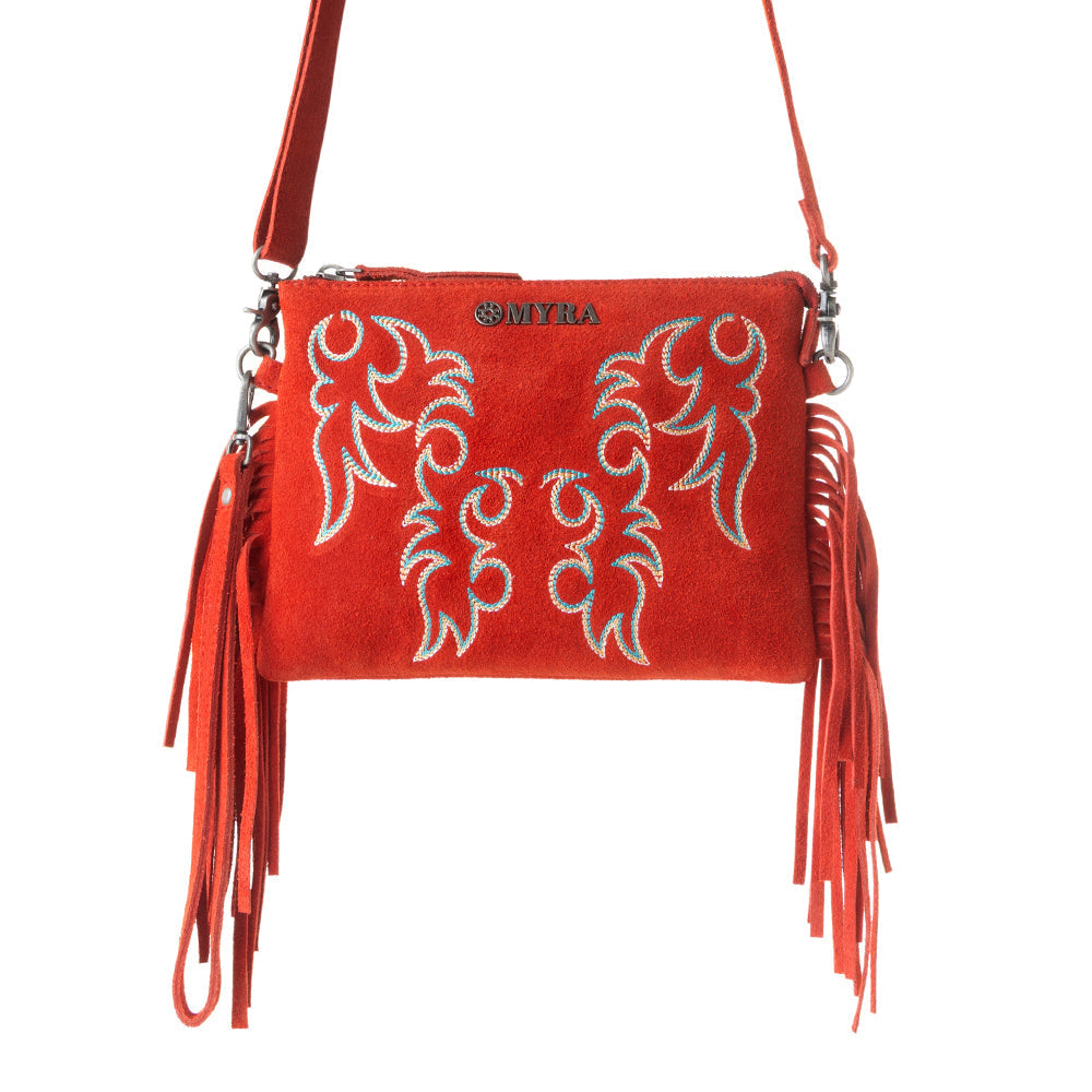 Myra Boot Stitch Suede Bag for Women in red with embroidery and fringe detail Myra USA