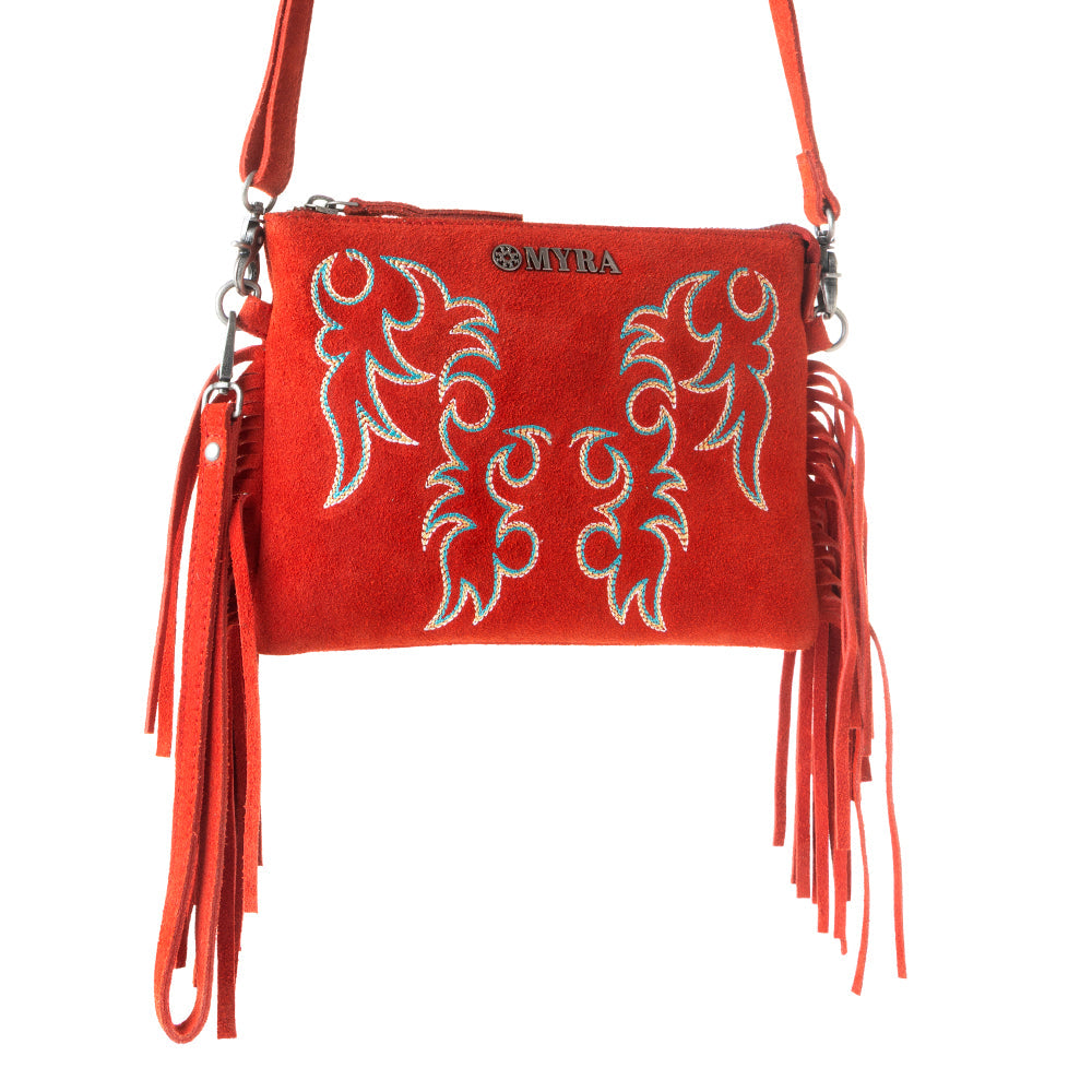 Myra Boot Stitch Suede Bag for Women in red with embroidery and fringe detail Myra USA
