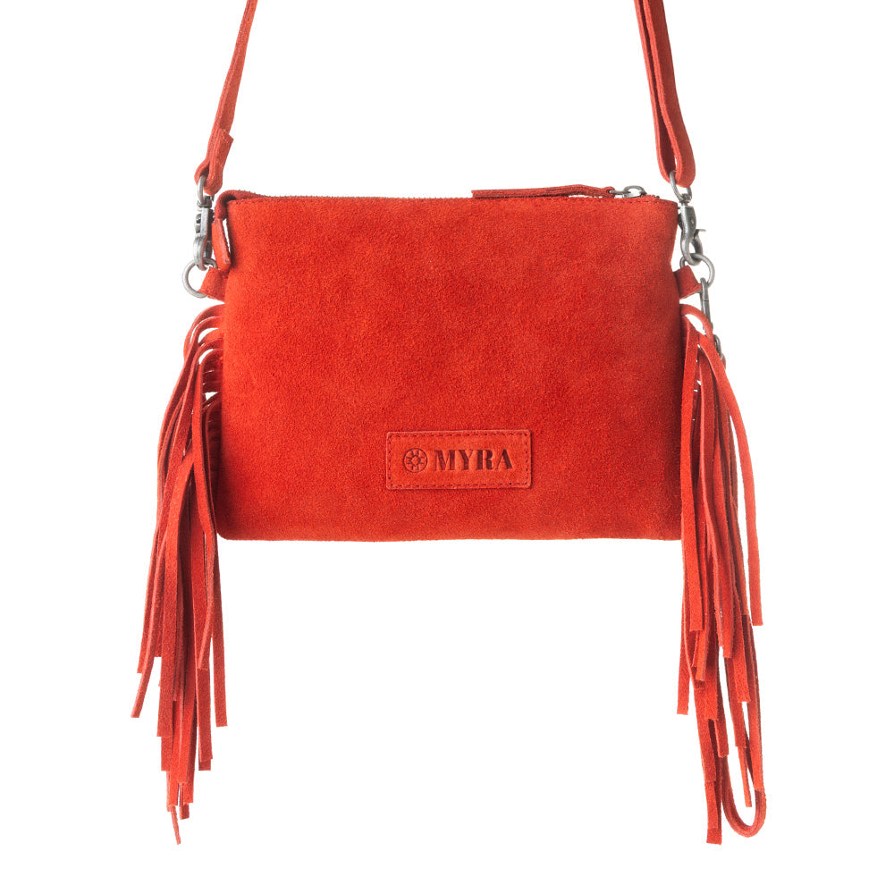 Myra Boot Stitch Suede Bag for Women in red with embroidery and fringe detail Myra USA