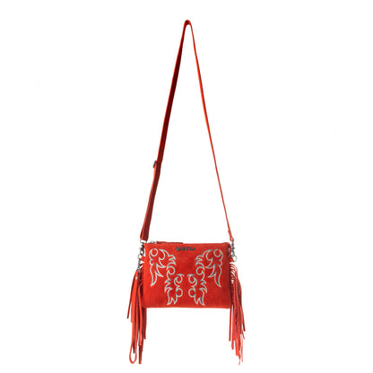 Myra Boot Stitch Suede Bag for Women in red with embroidery and fringe detail Myra USA