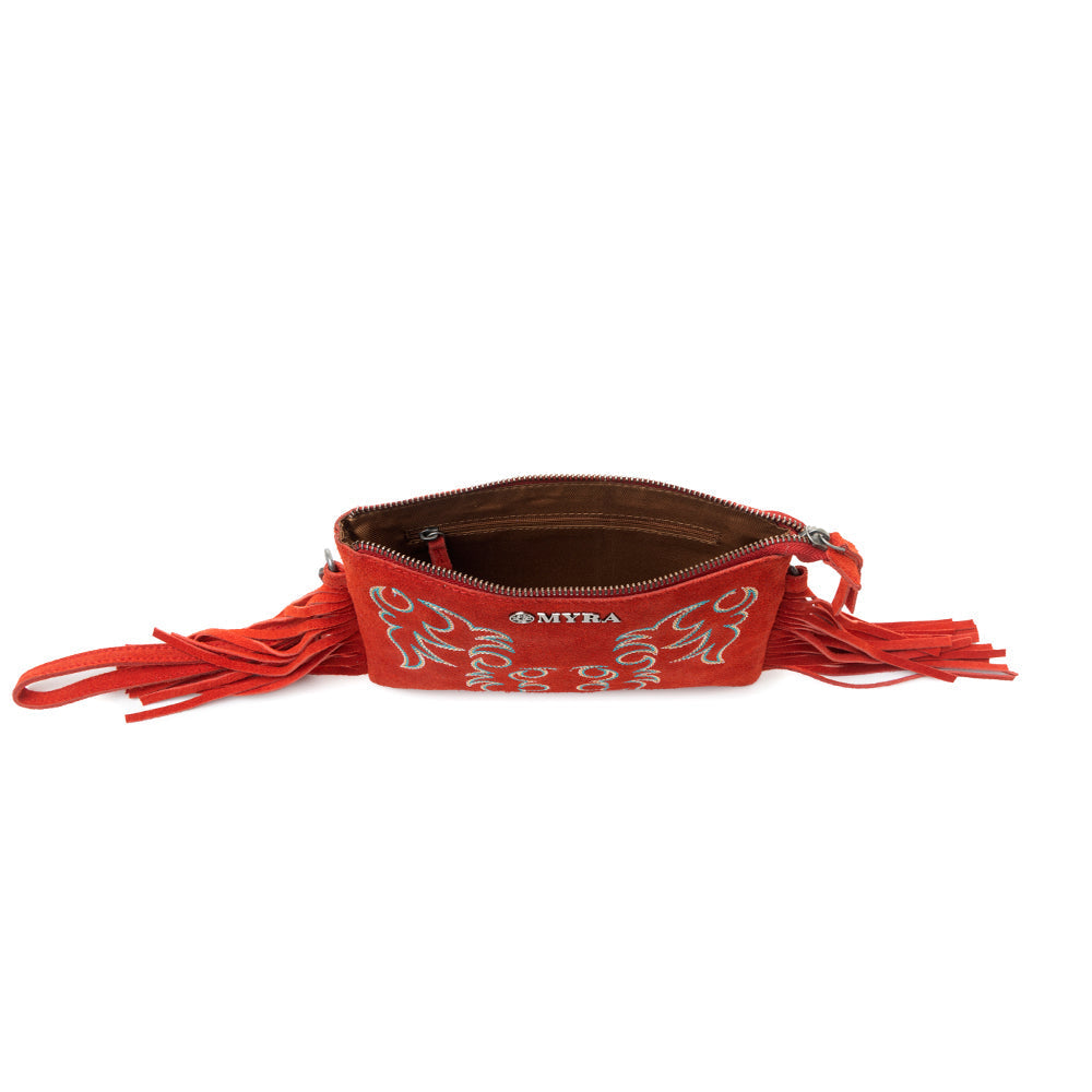 Myra Boot Stitch Suede Bag for Women in red with embroidery and fringe detail Myra USA