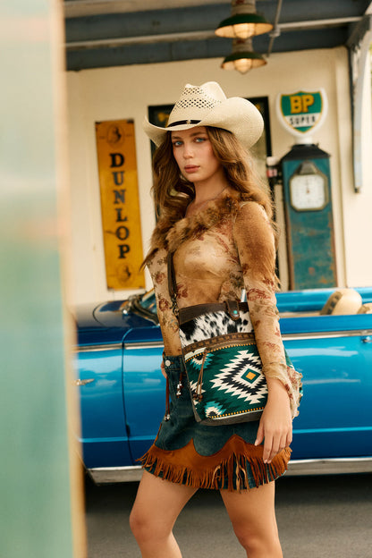 Myra Wovenstone Western shoulder Bag for Women in green with Aztec detail Myra USA