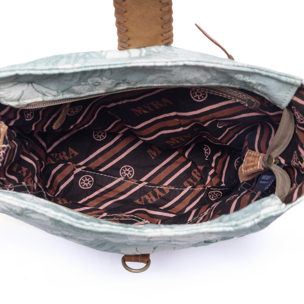 Myra Sagefield Cotton & Leather Shoulder Bag in Mint Brown Myra USA