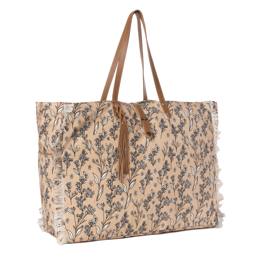 Myra Brookside Cotton & Leather Weekender Bag in Warm Tan Myra USA
