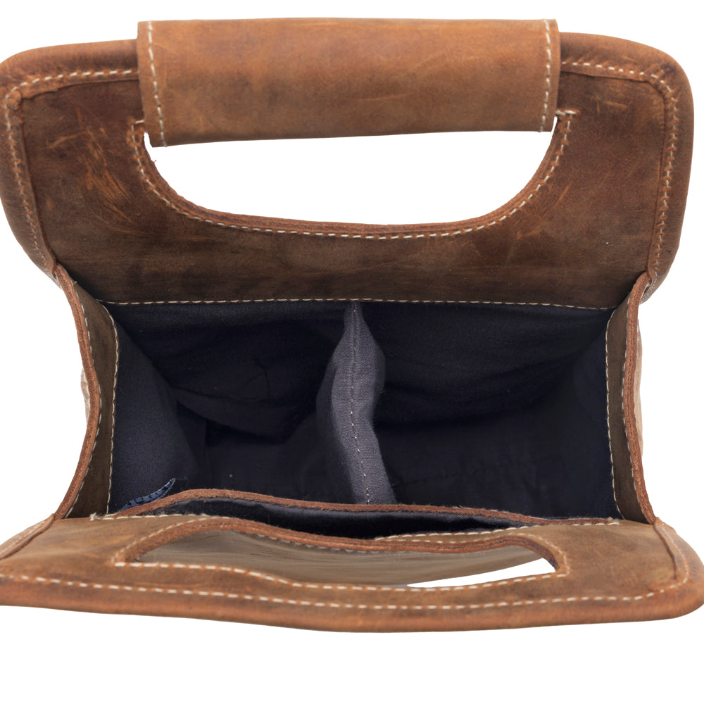 Myra Cypress Field Hairon Leather Wine Bottle Holder in Shadow Cream Chestnut Brown Myra USA