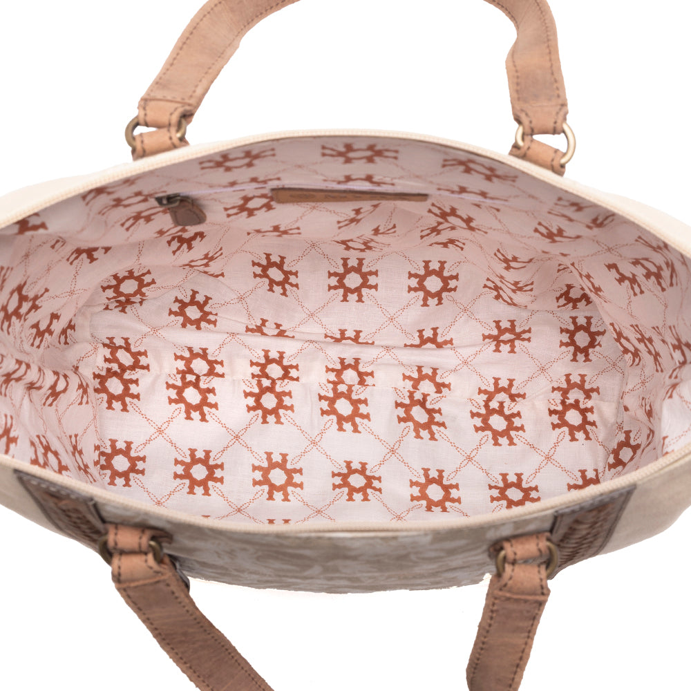Myra Sunfield Haven Cotton & Leather Tote Bag in Timber Cream Myra USA