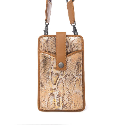 Myra Cedar Snake Print Leather Cell Phone Holder in Toffee Patch Myra USA
