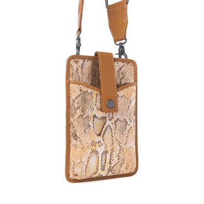 Myra Cedar Snake Print Leather Cell Phone Holder in Toffee Patch Myra USA