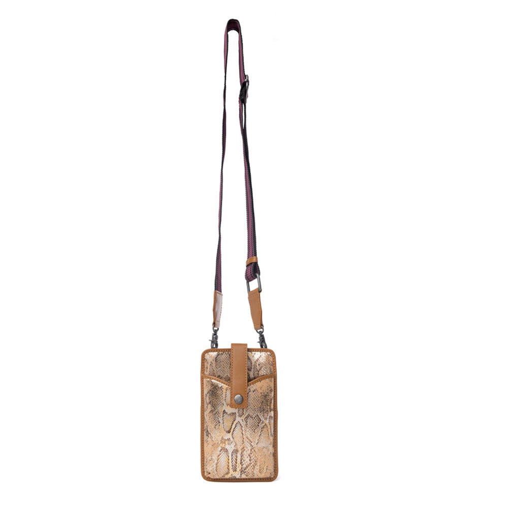 Myra Cedar Snake Print Leather Cell Phone Holder in Toffee Patch Myra USA
