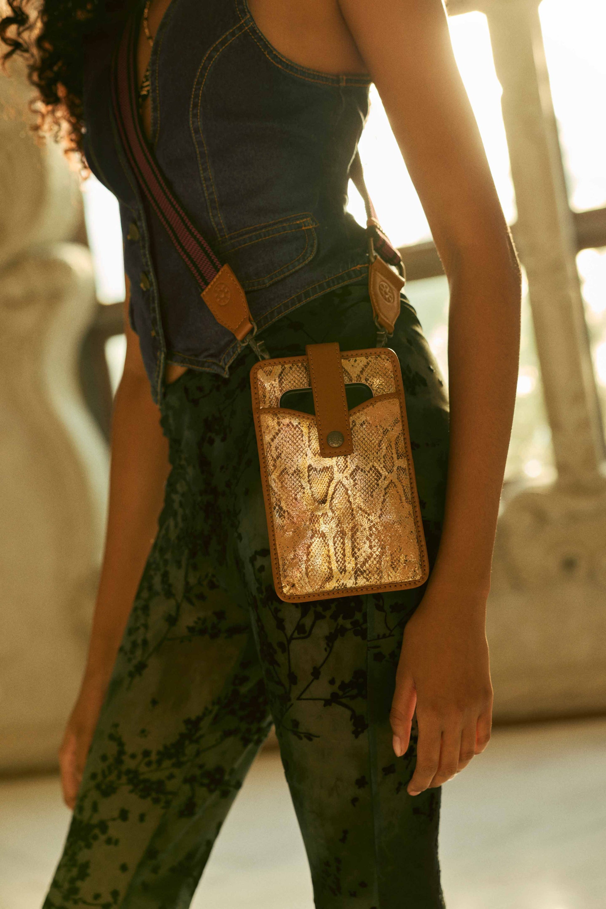 Myra Cedar Snake Print Leather Cell Phone Holder in Toffee Patch Myra USA