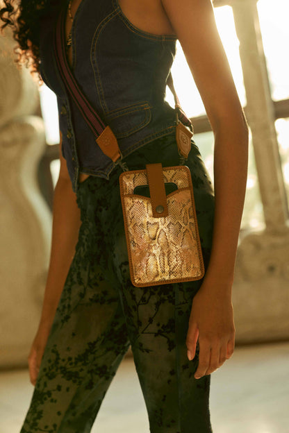 Myra Cedar Snake Print Leather Cell Phone Holder in Toffee Patch Myra USA