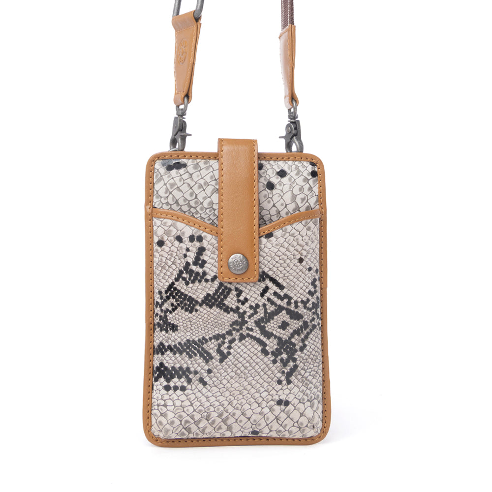 Myra Cedar Snake Print Leather Cell Phone Holder in Ebony Cream Myra USA