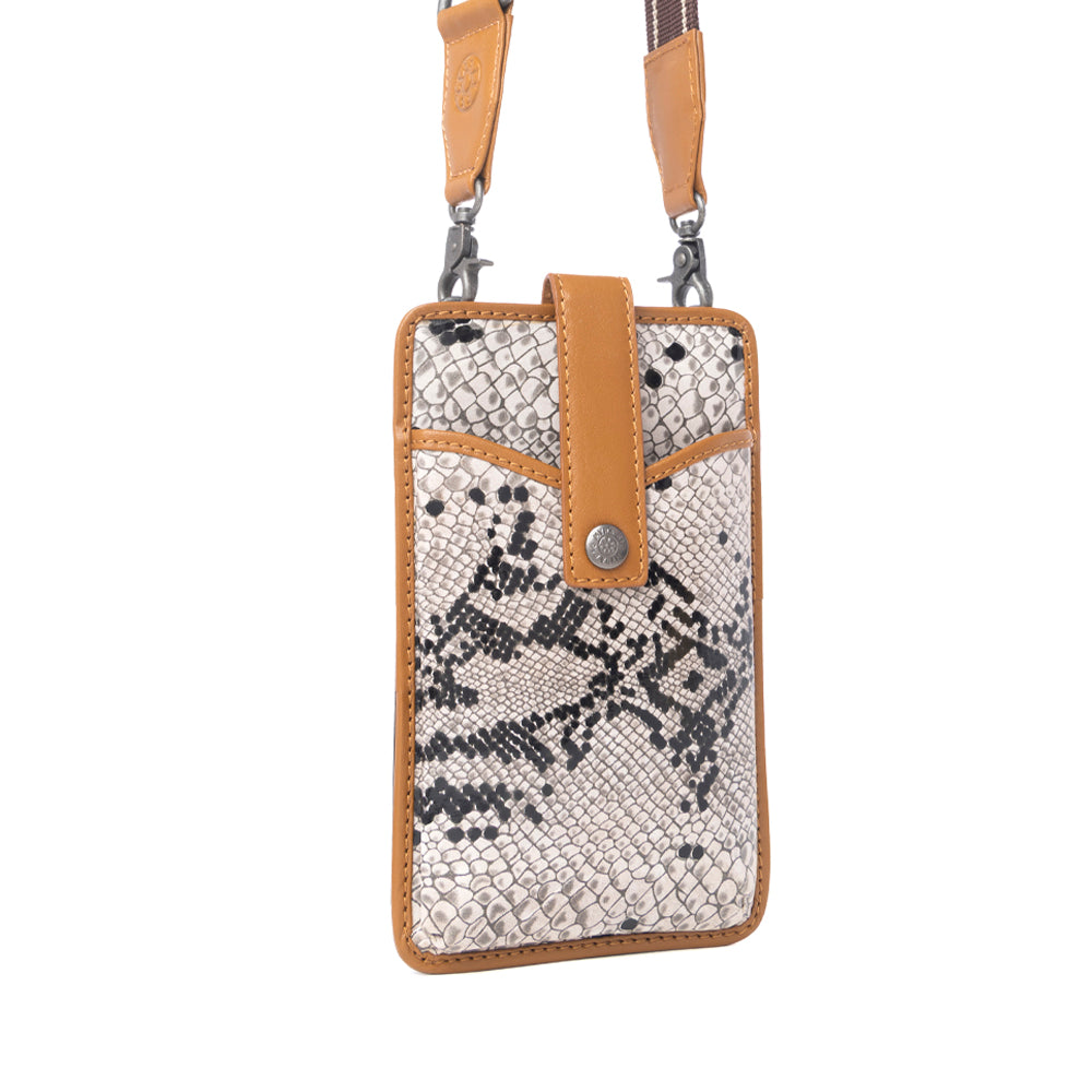 Myra Cedar Snake Print Leather Cell Phone Holder in Ebony Cream Myra USA