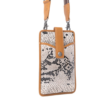 Myra Cedar Snake Print Leather Cell Phone Holder in Ebony Cream Myra USA